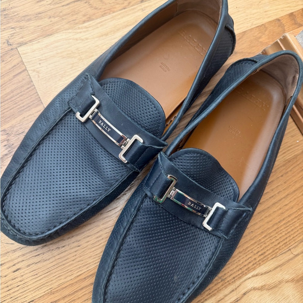 Bally Black Perforated Leather Slip-On Loafers with Silver Hardware